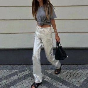 NWT ZARA FULL LENGTH Z1975 METALLIC STRAIGHT JEANS PEARL GRAY